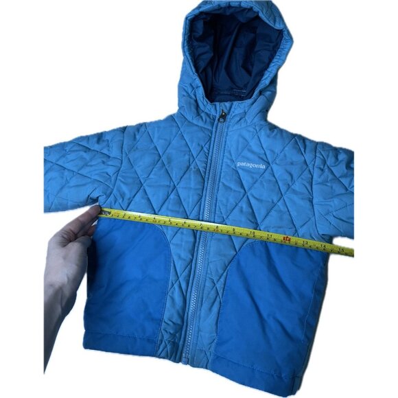 PATAGONIA BLUE DOWN FILL HOODED PUFFER PUFFY KIDS JACKET 3T QUILT ELBOW PATCH - Picture 10 of 12